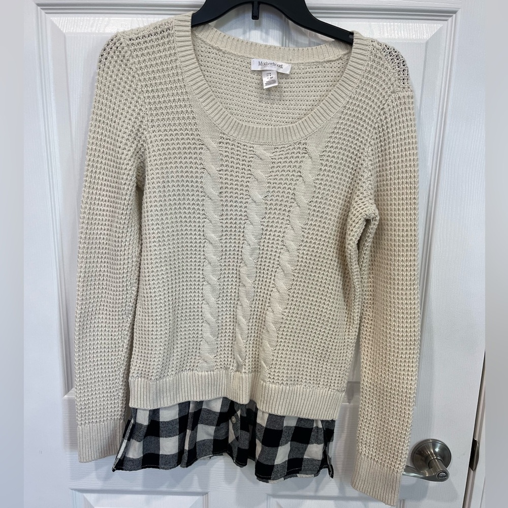 Maternity Cream Cable Knit Sweater with Black Plaid Hem